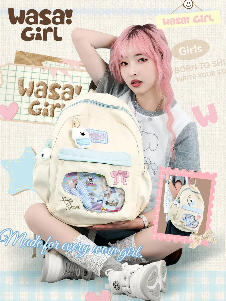 Wasai Original Cute Backpack Large Capacity School Bag Multi Compartment Lightweight Travel Bag