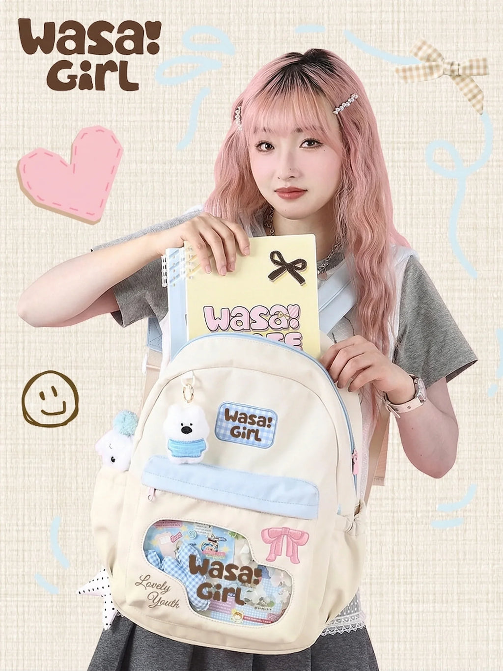 Wasai Original Cute Backpack Large Capacity School Bag Multi Compartment Lightweight Travel Bag