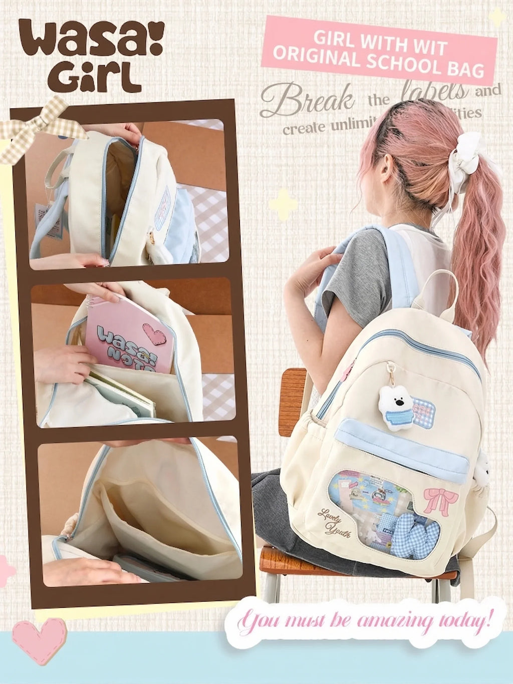 Wasai Original Cute Backpack Large Capacity School Bag Multi Compartment Lightweight Travel Bag