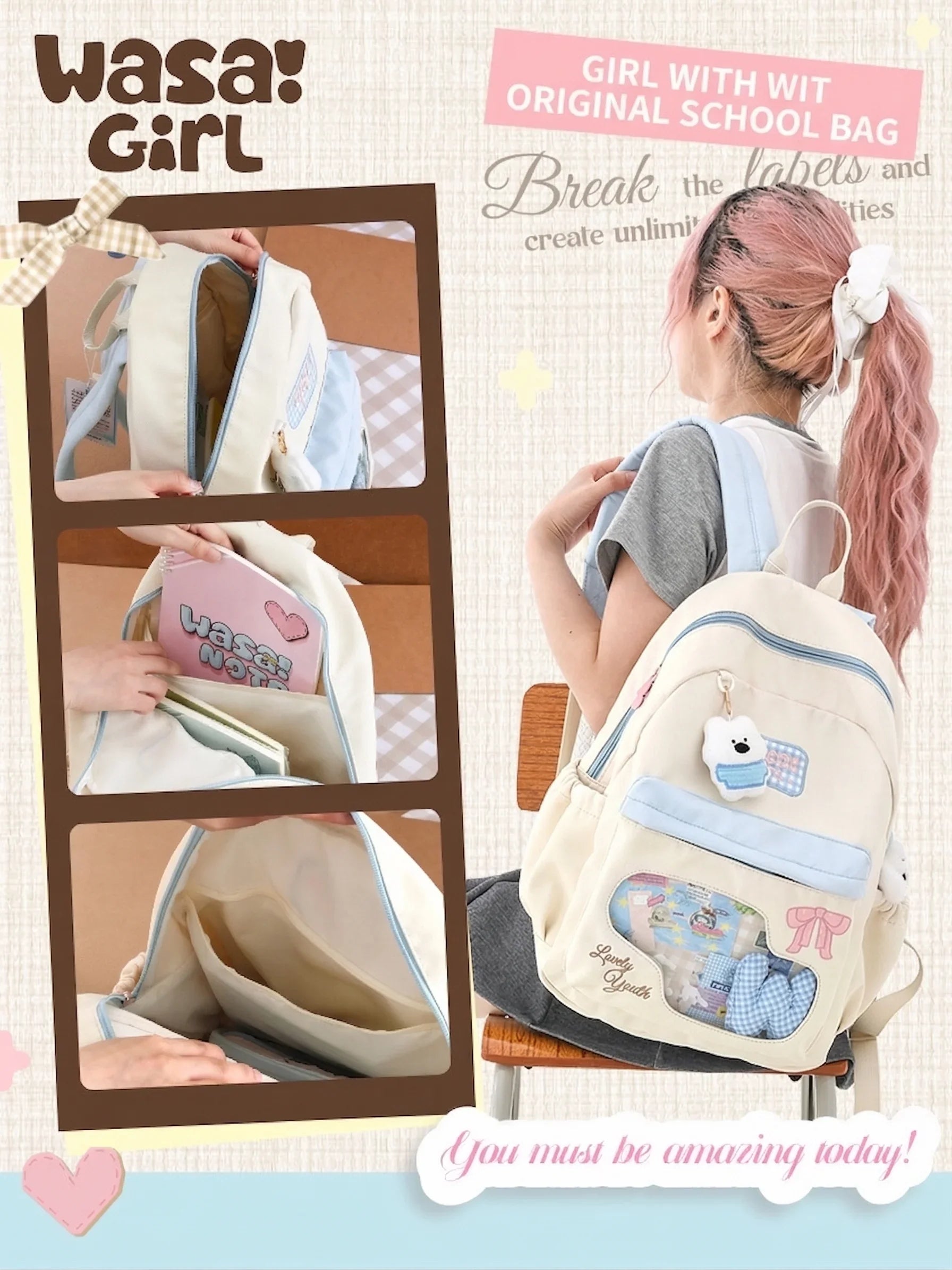 Wasai Original Cute Backpack Large Capacity School Bag Multi Compartment Lightweight Travel Bag