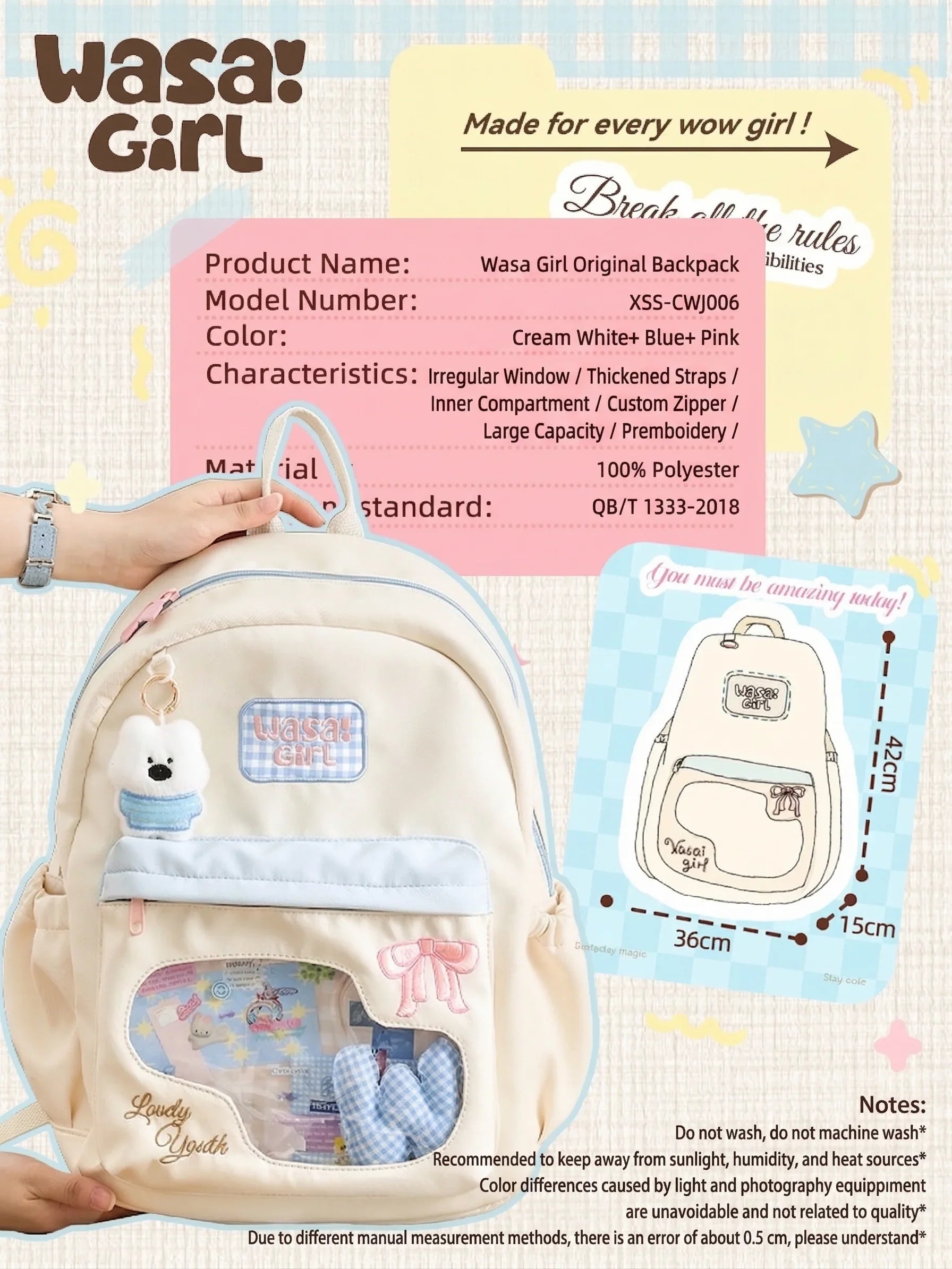 Wasai Original Cute Backpack Large Capacity School Bag Multi Compartment Lightweight Travel Bag