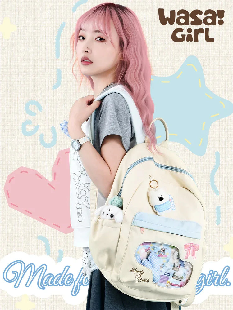 Wasai Original Cute Backpack Large Capacity School Bag Multi Compartment Lightweight Travel Bag